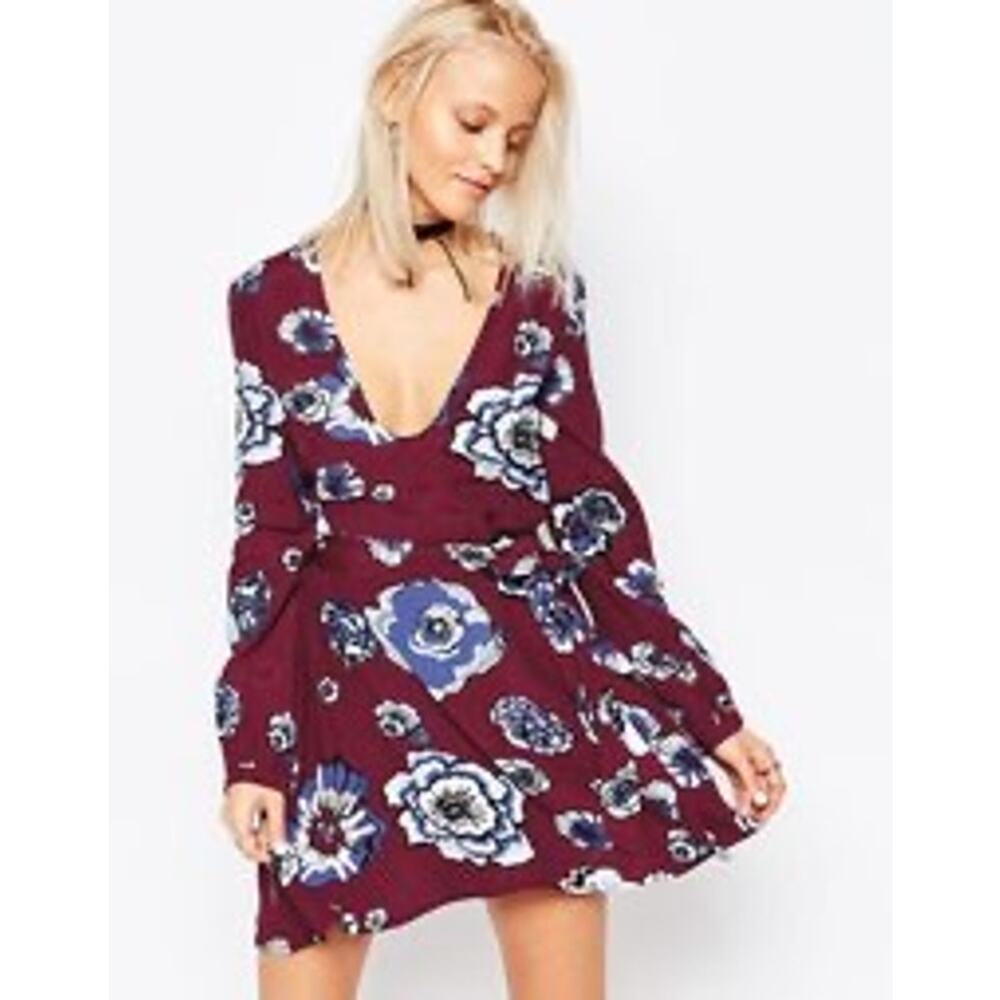 VGUC Glamorous Burgundy Floral‎ Long Sleeve Mini Dress Deep V-Neck Fit & Flare S